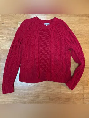 J. Crew Tomato Red Baggy Chunky Cable Knit Fisherman Slouchy Crew Neck Sweater M thumbnail 2