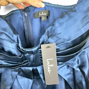 Lulus NWT Memorable Entrance Dark Blue Strapless Satin Pleated Maxi Gown Dress thumbnail 10