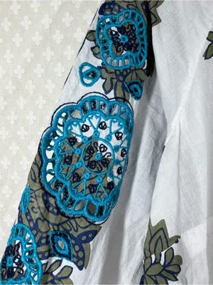 Talbots White Blue Green Floral Eyelet Cotton V Neck Top thumbnail 3