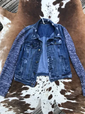 Free People knit-sleeved hooded denim jacket sz M thumbnail 2