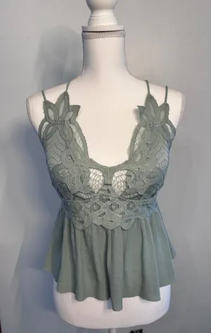 rue21 Fairycore Sage Lace Babydoll Cami Top Smocked Back Cross Straps Large thumbnail 1