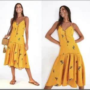 Farm Rio 100% Linen Jungle Tucanos Button Midi Yellow Embroidered Dress Sz XS thumbnail 2