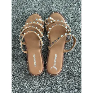 Cushionare Tonya Slide Sandals Womens 9.5 Tan/Camel Studded Triple Strap thumbnail 3