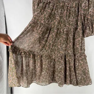 Love Riche Chiffon Olive Paisley Ruffle Long Sleeve Peasant Tiered Maxi‎ Dress M thumbnail 7