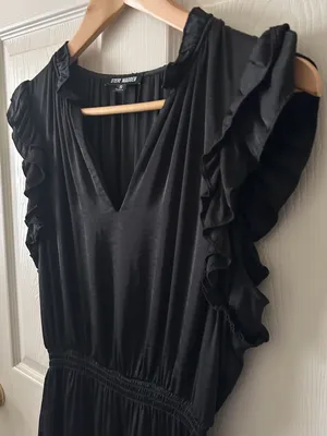 Steve Madden Black Ruffle Detail Blouson Silhouette Dress Sz Small Minimalist thumbnail 3