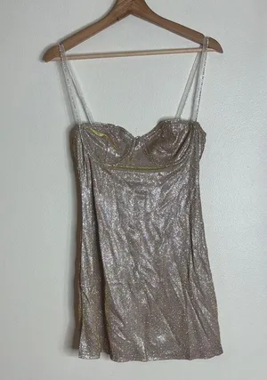 Elegant LOW-CUT GLITTER CAMI DRESS in apricot ladies size medium stretch cute thumbnail 2