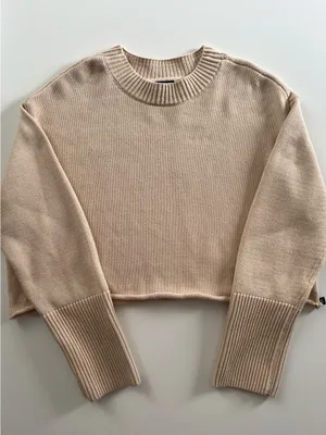 GAP Beige 100% Cotton Cropped Knit Sweater Roll Hem Long Cuffs M thumbnail 2