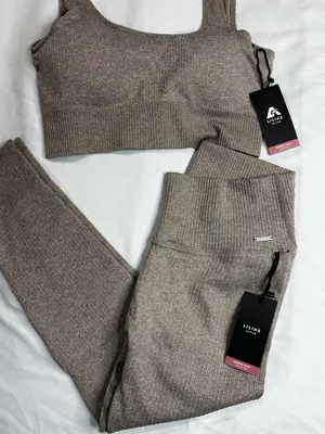 Lilias Active Ribbed Knit Sports Bra and 7/8 Leggings Set Taupe thumbnail 1