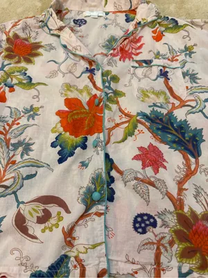Powell Craft Floral Cotton Pajama Top M/L Pink Botanical Short Sleeve Button Up thumbnail 5