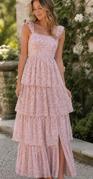 Revelry Poppy Floral Chiffon Ruffle Pink and Ivory Maxi Dress Size 6 thumbnail 1