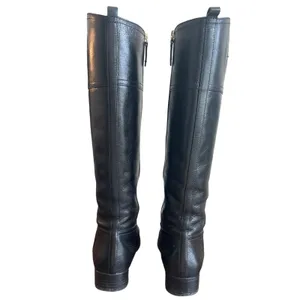 Tory Burch Kiernan Black Leather Riding Boots Gold Logo Knee High 7 thumbnail 3