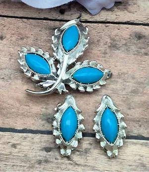Vintage Faux Turquoise Brooch Clip On Earrings Demi Parure Silver Tone thumbnail 1