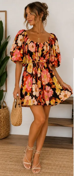 &Merci Retro Floral Puff Sleeve Mini Dress Tie Waist Cottagecore thumbnail 1