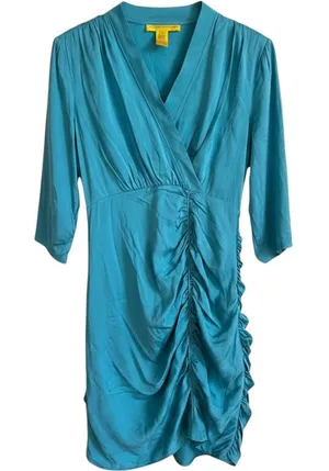 Catherine Malandrino Turquoise Silk Ruched V-Neck Mini Dress Size 8 Teal 3/4 Slv thumbnail 1