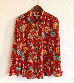 Loft Womens Shirt Blouse Red Floral Button Up Long Sleeve Size Medium thumbnail 1