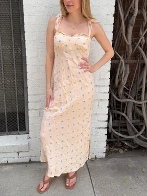 Anthropologie Cream floral bohemian maxi dress with ruffle straps and open tie back sz s #eurosummer #flowerchild #boho #weddingszn thumbnail 2