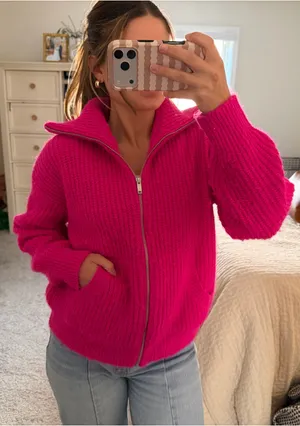 Old Navy Hot pink zip up collared sweater thumbnail 1