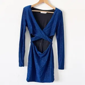 Meshki Blue Glitter Cut Out Long Sleeve Glam Party Club Bodycon Mini Dress thumbnail 2