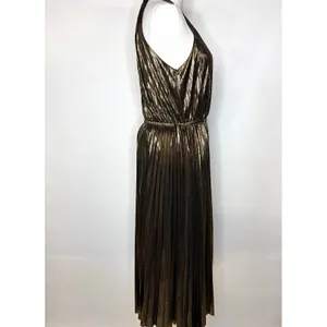 Lucy Paris Metallic Gold Pleated Halter Midi Dress DR3713-2 Small thumbnail 5