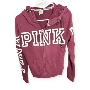 Victoria's Secret PINK Full Zip Hoodie Maroon Burgundy Snap Side Logo Small thumbnail 2