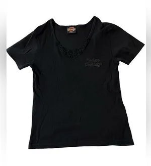 Vintage Y2K 2000 Harley Davidson Lace V Neck Black Short Sleeve Size Medium thumbnail 1