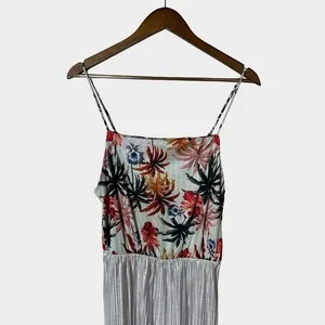 Zara Trafaluc Tropical Floral Silver Metallic Pleated Midi Dress Medium‎ Summer thumbnail 4