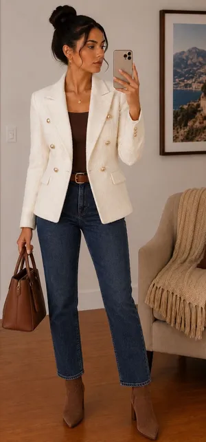 NWOT SHEIN Cream Bouclé Double-Breasted Blazer | Gold Buttons | Size S thumbnail 1