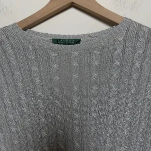Lauren Ralph Lauren Women SILK Cable Knit Sweater‎ Medium Silver Metallic Preppy thumbnail 6