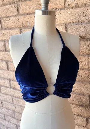 Amazon | Navy Blue Crushed Velvet Ring Halter Crop Top | L thumbnail 1