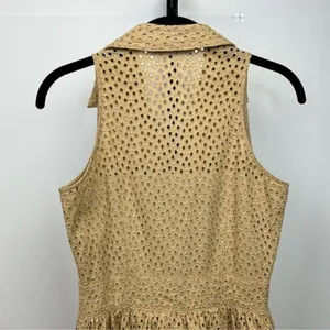 Ellen Tracy Eyelet Dress Womens 2P Tan Cotton Tiered Fit Flare Midi Shirt Dress thumbnail 4