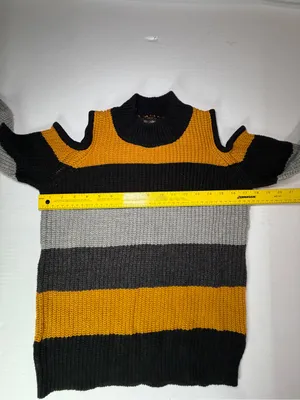 QED London Black, Gray & Mustard Striped Cold-Shoulder Turtleneck Sweater thumbnail 3