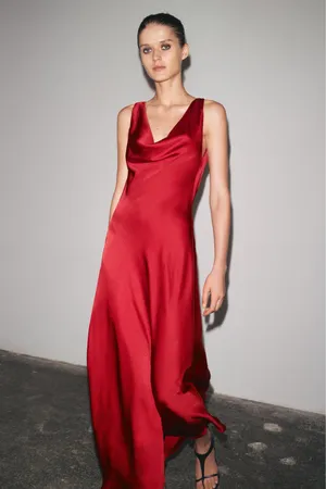 Zara Elegant Red Satin Long Dress Evening Party Gown thumbnail 5
