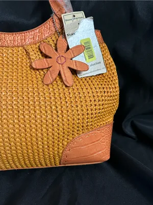 Stone Mountain Havana Orange Woven Tote Bag Tan Trim Flower Charm NWT thumbnail 3