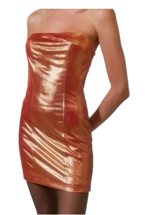 Urban Outfitters Kristy Disco Metallic Mini Dress Strapless Orange Shiny Small thumbnail 1
