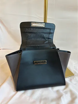 ZAC Zac Posen Black and Dark Brown Leather Structured Top Handle Bag with Detach thumbnail 8