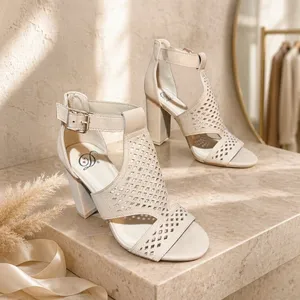 Dollhouse Beige Laser Cut Block Heel Sandals Size 5.5 thumbnail 2