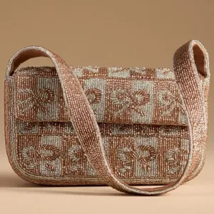 Anthropologie Fiona beaded shoulder bag bows metallic bronze mixed coquette thumbnail 1