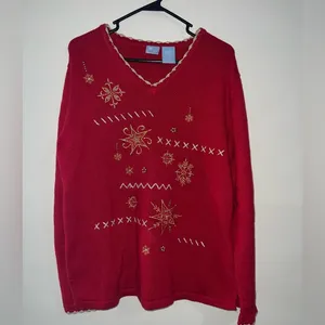 Holiday Editions Red with Gold Snow Flakes Christmas Sweater Size large thumbnail 3