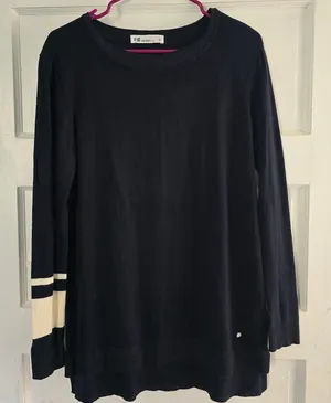 FIGS Navy Crewneck Sweater with Cream Sleeve Stripes thumbnail 1