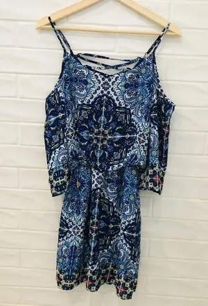Bisou Bisou Michele Bohbot Blue Print Dress Cold Shoulder Blouson Mini dress thumbnail 6