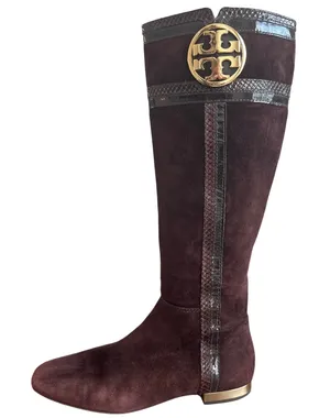 Tory Burch Brown Suede Riding Boots Snakeskin Gold Logo Knee High Sz 8 thumbnail 1