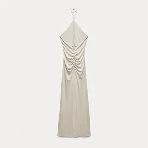NEW Zara LONG Ruched Keyhole DRAPED HALTER Maxi DRESS Gown Size XS thumbnail 7