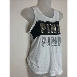 Victoria's Secret PINK Sequin Logo Tank Top White Black size XS thumbnail 2