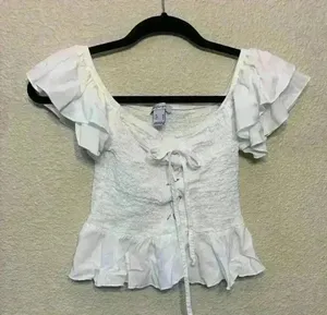 White Revamped top sz M cropped smocked puff sleeve tie front pirate Halloween thumbnail 1