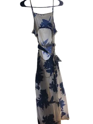 SHEIN White Maxi Dress with Navy Paradise Floral Print, Spaghetti Straps L thumbnail 2