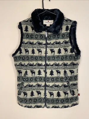 Woolrich Women’s Sherpa Faux Fur Moose Stripe Green Black Tan Zip-Up Vest thumbnail 1