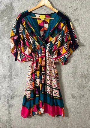 Maeve Anthropologie Boho Geo‎ Print Dress Multicolor V-Neck Flowy Size 2 No Slip thumbnail 1