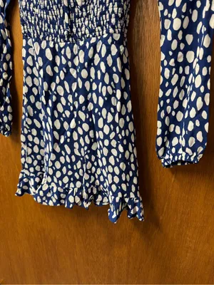 Reformation Rue Long Sleeve Mini Dress Crepe Spotted Lolita Blue White 0 thumbnail 6