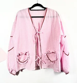 Pink Patchwork Cardigan Top‎ Womens XL Gingham Heart Pocket Cottagecore Milkmaid thumbnail 1