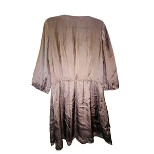 Ya Los Angeles Taupe Satin Blouson Mini Dress Macrame Embroidered Neck Boho Sz M thumbnail 4